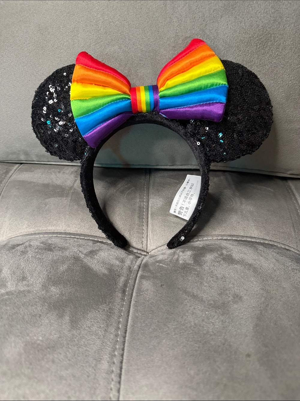 Black Sequin Minnie Ears Headband with Rainbow Bow